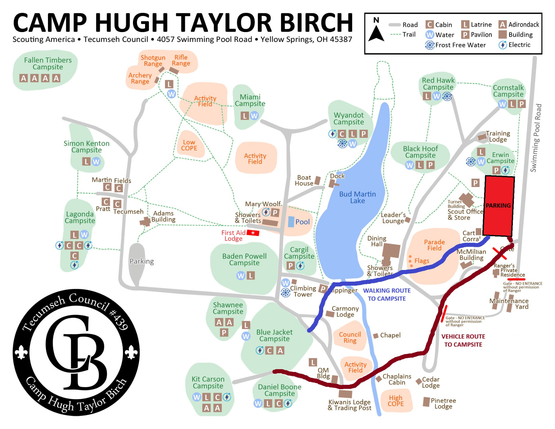 Map of Camp Hugh Taylor Birch showing campsites, the parking lot, and the walking and vehicle routes to the Blue Jacket campsite