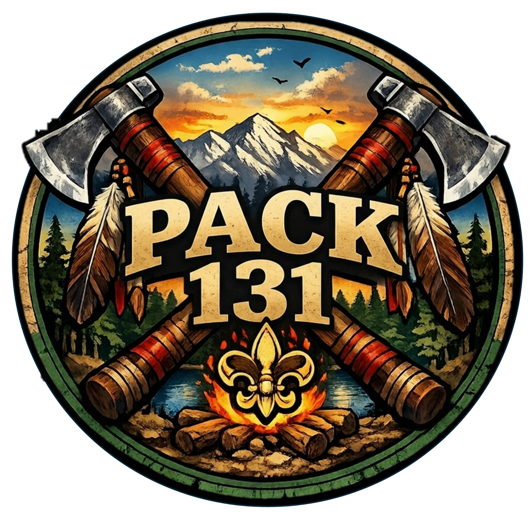 Pack 131 emblem with crossed axes, mountains, and campfire