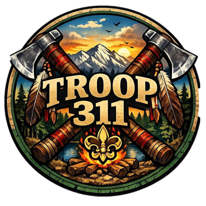 Troop 311 emblem with crossed axes, mountains, and campfire